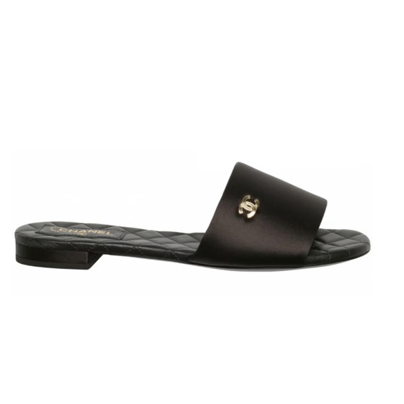 Chanel 22P Black Satin CC Logo Quilted Leather Slide Mule Sandal Flop Flat 38 - Picture 1 of 12